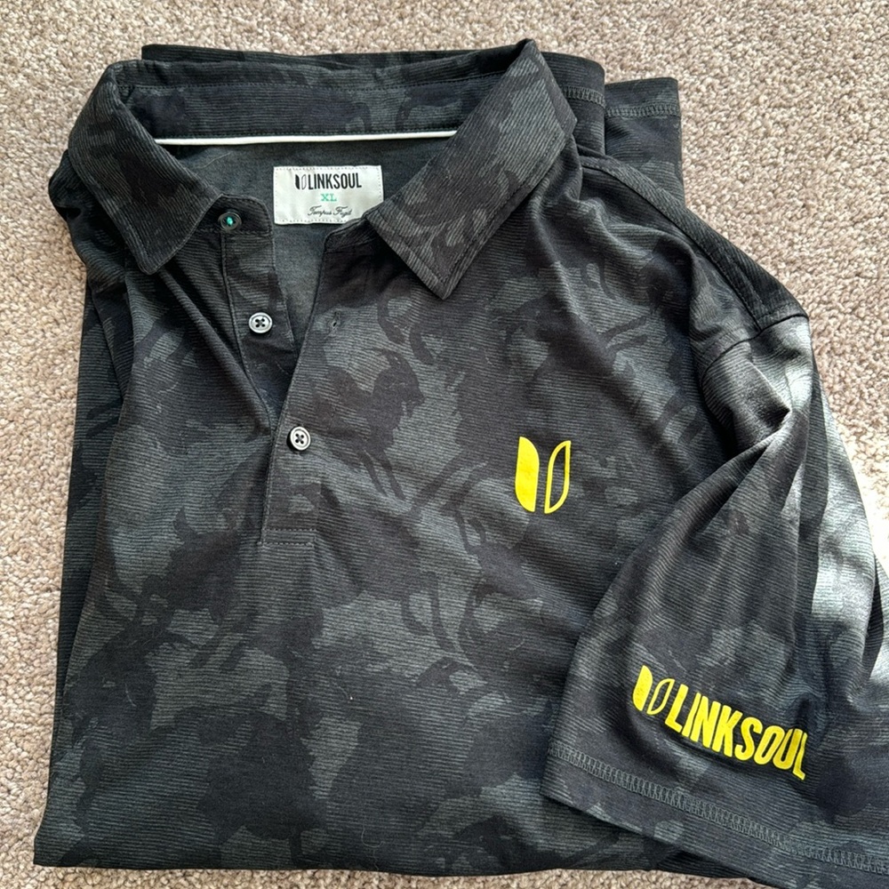 Linksoul Men's Black Camo Polo with Yellow Logo
